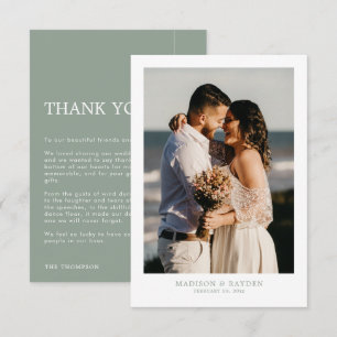 Modern Simple Sage Green with Photo Wedding Thank You Card