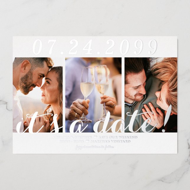 Modern Simple Script 3 Photo QR CODE Save The Date (Front)
