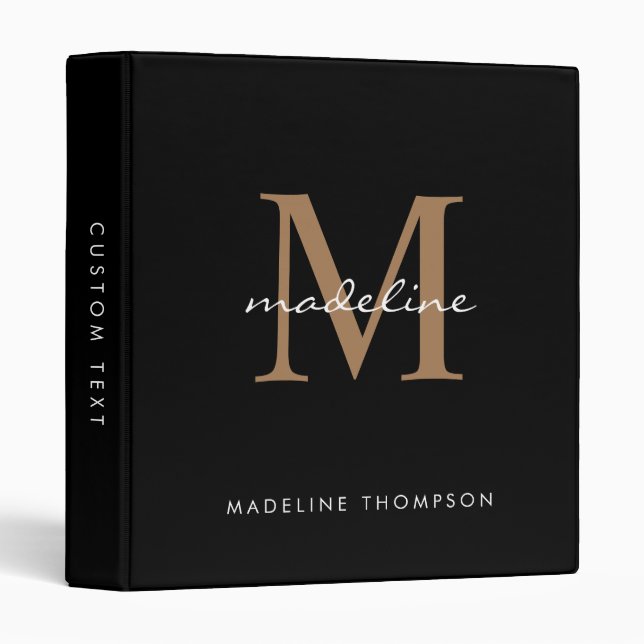 Modern Simple Script Black Gold Monogram Binder (Front/Spine)