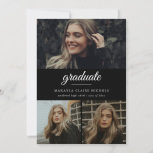 Modern Simple Script Black Three Photo Graduation Invitation
