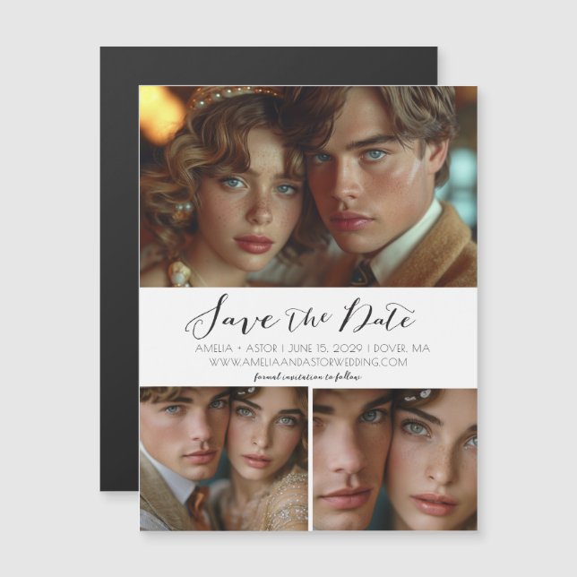 Modern Simple Script Collage Save the Date Magnet  (Front/Back)