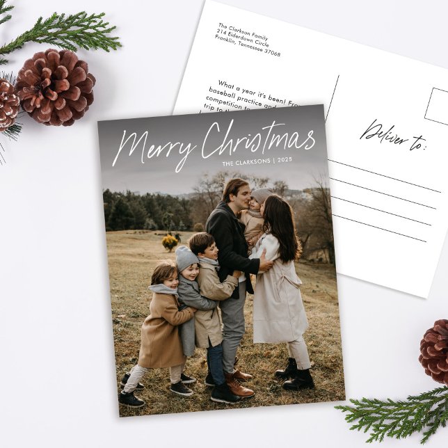 Modern Simple Script Merry Christmas Family Photo Holiday Postcard (Creator Uploaded)