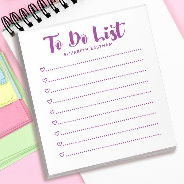Modern Simple Script To Do List Notepad (A purple girly to do list. Personalize it with your name. Makes a great gift for a friend.)