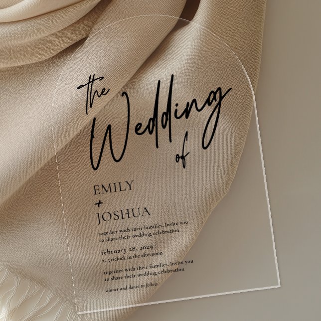 Modern Simple Script Transparent Wedding Arch Acrylic Invitations (Wedding invitation shown in 5x7 inches, arch-shaped. Choose clear or frosted acrylic.)