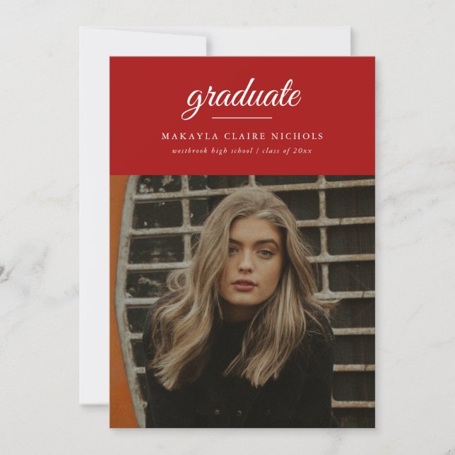 Modern Simple Script Two Photo Red Graduation Announcement (Front)