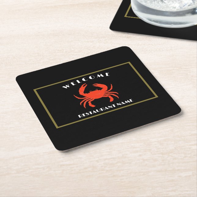 Modern Simple seafood welcome red Crab custom Square Paper Coaster (Angled)