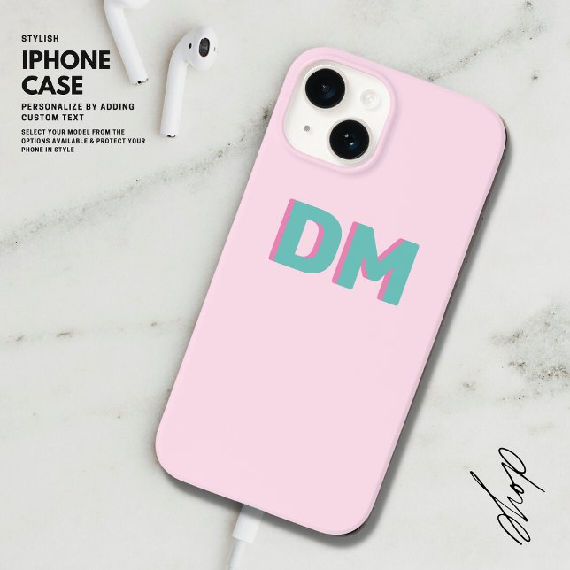 Modern Simple Shadow Monogram Initials Pink Green iPhone Case (Creator Uploaded)