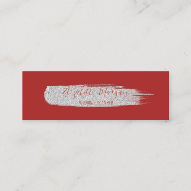 Modern Simple,Silver Glitter  Brush Stroke,Red Mini Business Card (Front)