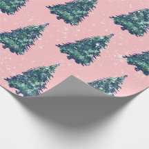 Modern Simple Snowy Green Christmas Trees Pink