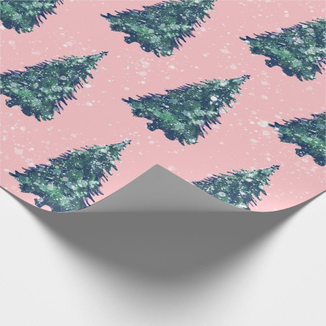 Modern Simple Snowy Green Christmas Trees Pink Wrapping Paper (Corner)