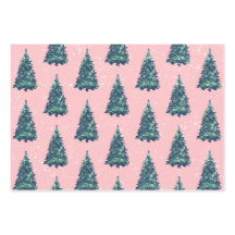 Modern Simple Snowy Green Christmas Trees Pink