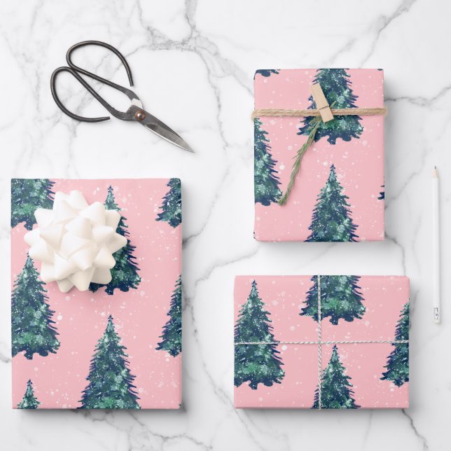 Modern Simple Snowy Green Christmas Trees Pink Wrapping Paper Sheet (Front)