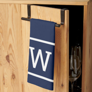 Modern Simple Square Border Monogram Navy Blue Kitchen Towel