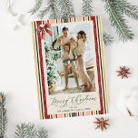 Modern Simple Stripes & Bow Merry Christmas Photo Holiday Card<br><div class="desc">Personalized holiday photo card featuring vintage-inspired red,  green,  and gold stripes with elegant calligraphy script for a timeless Christmas design. *Use Crop Tool in Design Editor to adjust photo placement.</div>