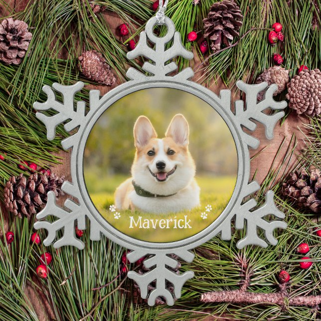 Modern Simple Stylish Personalized Pet Dog Photo Snowflake Pewter Christmas Ornament (Creator Uploaded)