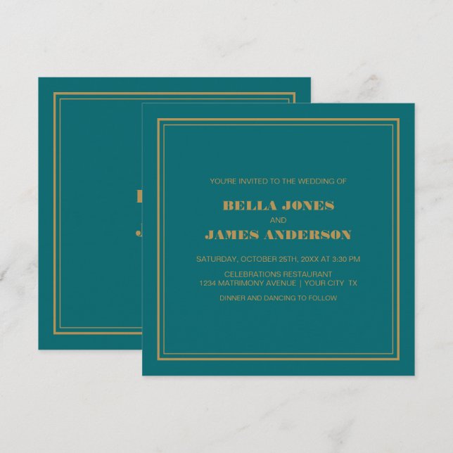Modern Simple Teal Gold Wedding Invitation (Front/Back)