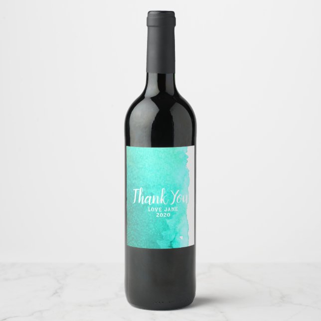 Modern simple teal watercolor thank you gift wine label (Front)
