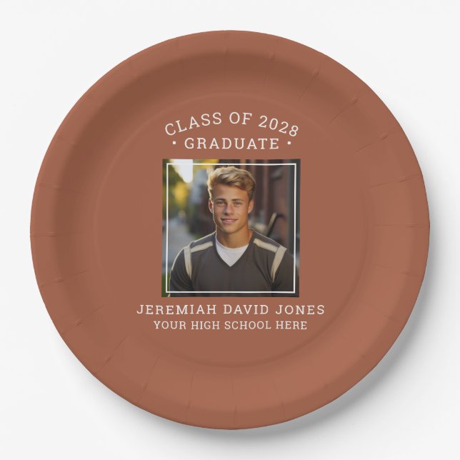 Modern Simple Terracotta Brown Photo Graduation Paper Plate (Front)
