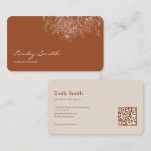 Modern Simple Terracotta Flower Line Art QRCode Business Card