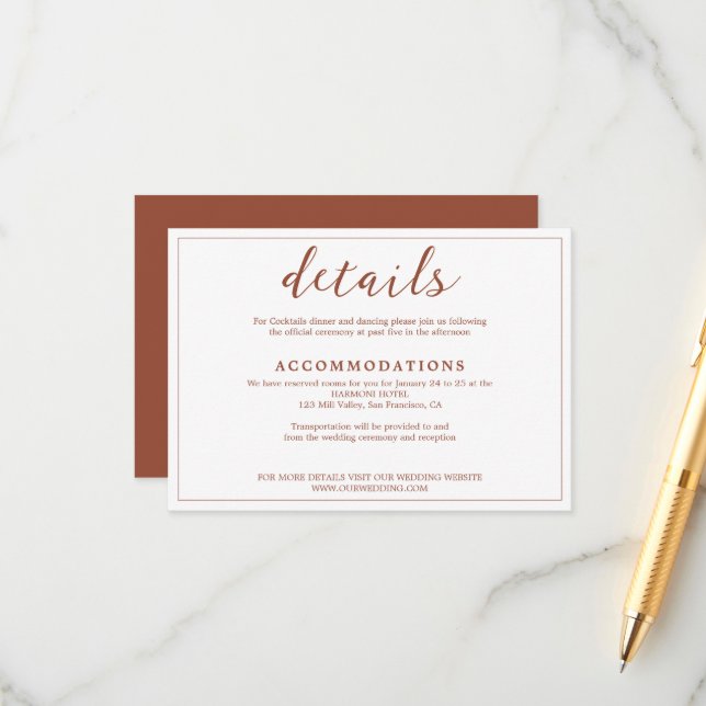 Modern Simple Terracotta Rust in White Wedding Enclosure Card (Front/Back In Situ)