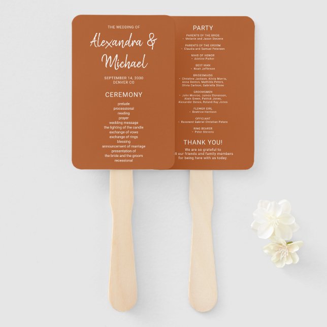 Modern simple terracotta wedding program hand fan (Front and Back)