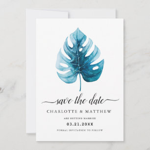 Modern Simple Tropical Watercolor Monstera Leaf Save The Date