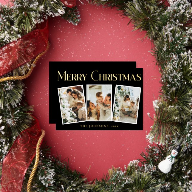 Modern Simple Typography Black Merry Christmas Foil Holiday Card (Insitu)