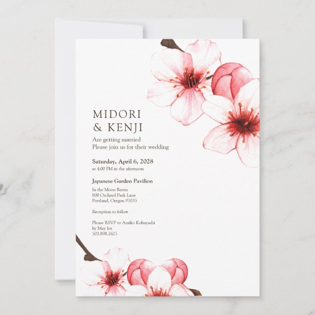 Modern Simple Watercolor Cherry Blossoms  Invitation (Front)