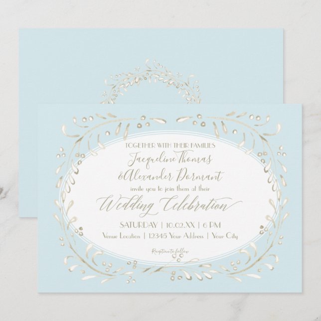 Modern Simple Watercolor Foliage Blue Script Invitation (Front/Back)