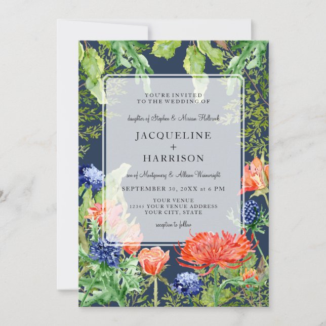 Modern Simple Watercolor Navy Blue  Mum Thistle Invitation (Front)