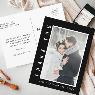 Modern Simple Wedding Photo Black Thank You Postcard