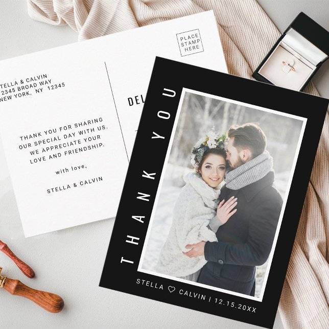 Modern Simple Wedding Photo Black Thank You Postcard (Front & Back)
