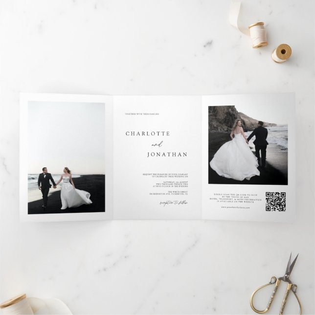 Modern Simple Wedding RSVP Details QR Code Photo Tri-Fold Invitation (Inside)