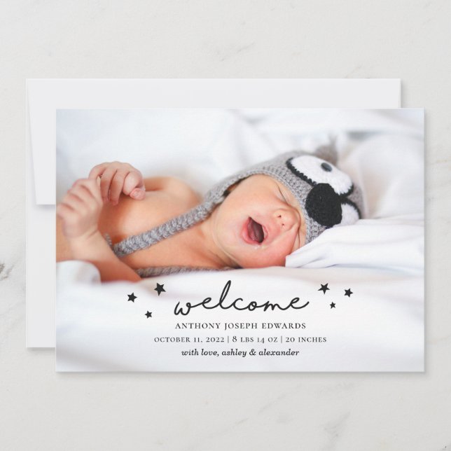 Modern simple welcome newborn. New baby birth Announcement (Front)