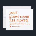 Modern Simple We've Moved Guest Room Moving Orange Announcement<br><div class="desc">Your Guest Room Has Moved Moving Announcement featuring a modern script and font typography and a heart. The colours can be changed easily by clicking personalize and then click to customize further to view our colour picker. Contact our shop if you require help.</div>
