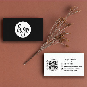 Modern Simple White and Black Logo QR Code Busines Business Card