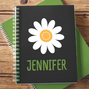 Modern Simple White Daisy Flower Custom Name Notebook