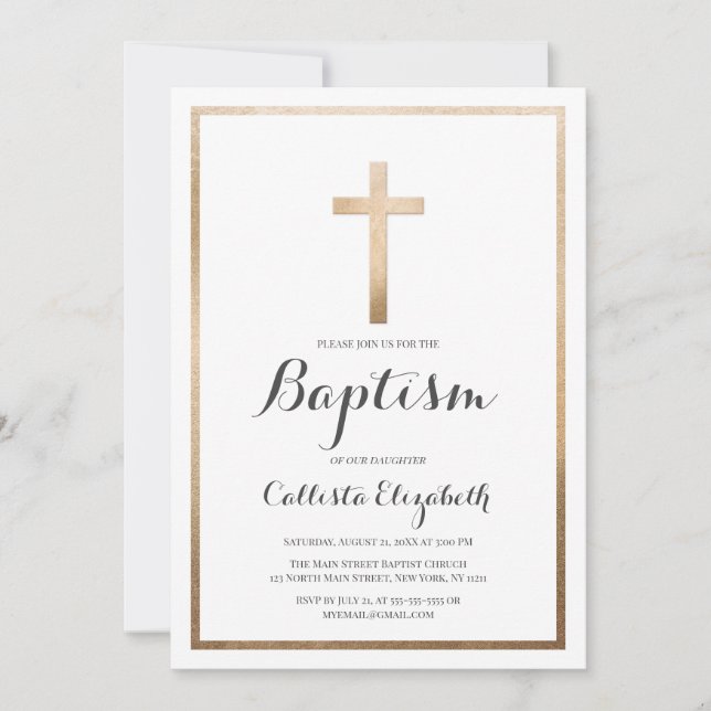Modern Simple White Gold Cross Border Baptism Invitation (Front)