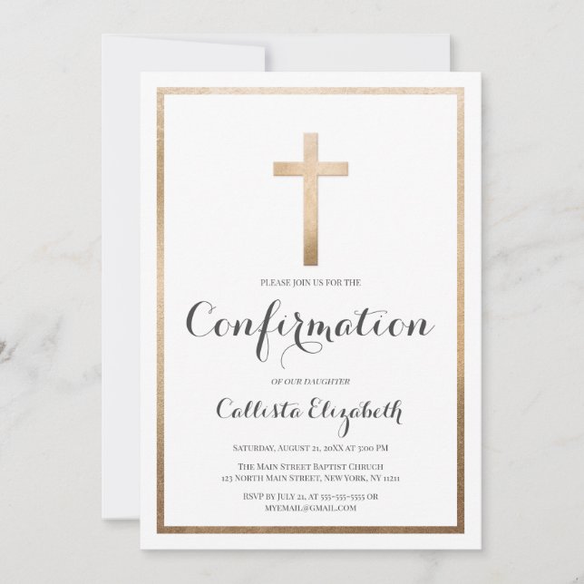 Modern Simple White Gold Cross Border Confirmation Invitation (Front)