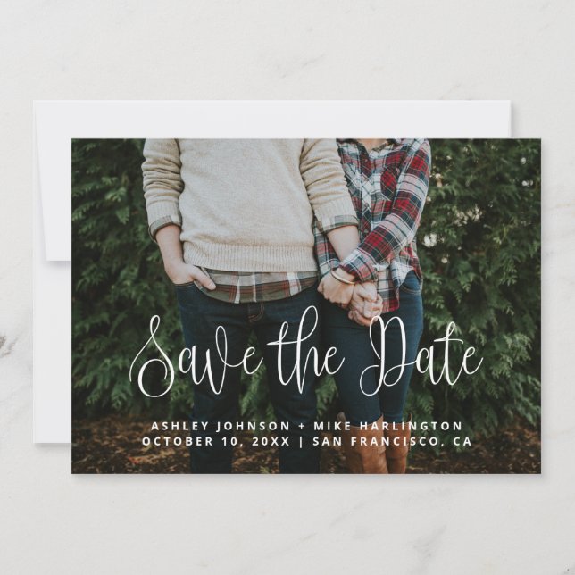 Modern simple white script calligraphy wedding save the date (Front)