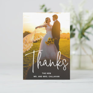 Modern Simple White Script Overlay Wedding Photo Thank You Card