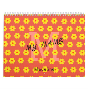 Modern simple  yellow orange flowers monogram  calendar