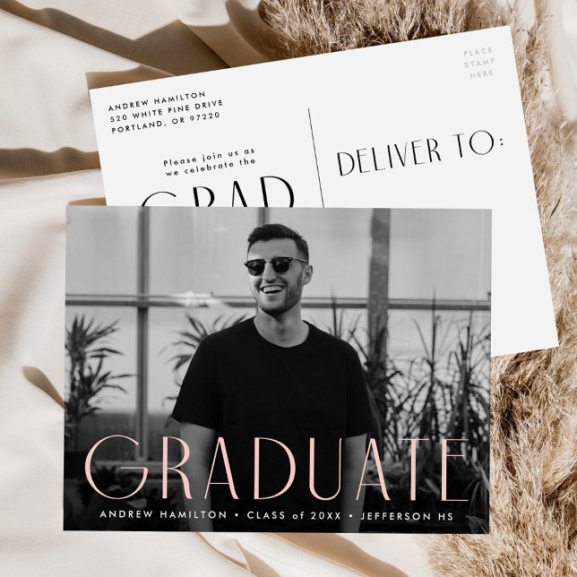 Modern Simplicity Blush Photo Graduation Party Invitation Postcard (Creator Uploaded)
