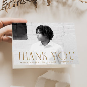 Modern Simplicity Brass Photo Graduation Thank You Card