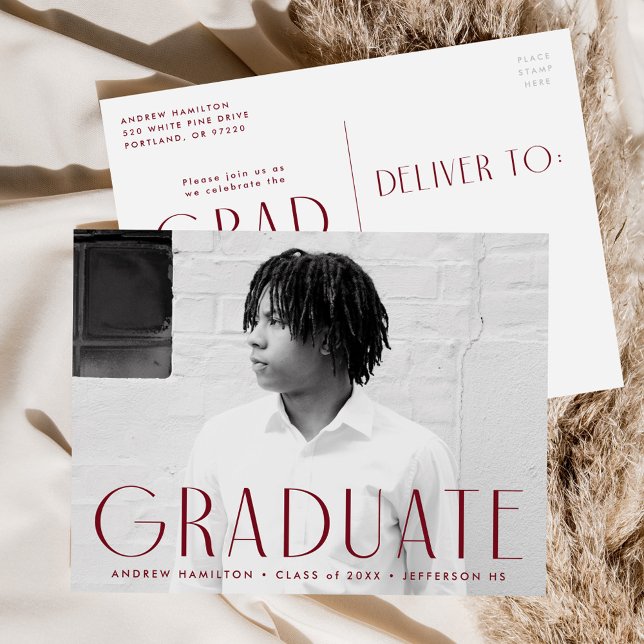 Modern Simplicity Burgundy Photo Graduation Party Invitation Postcard (Creator Uploaded)