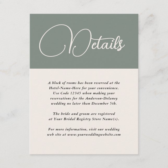 Modern Simplicity Deep Sage Green Wedding Details Enclosure Card (Front)