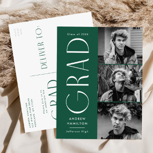 Modern Simplicity Green 3 Photo Graduation Party Invitation Postcard