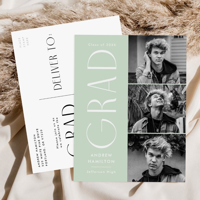 Modern Simplicity Mint 3 Photo Graduation Party Invitation Postcard (Creator Uploaded)