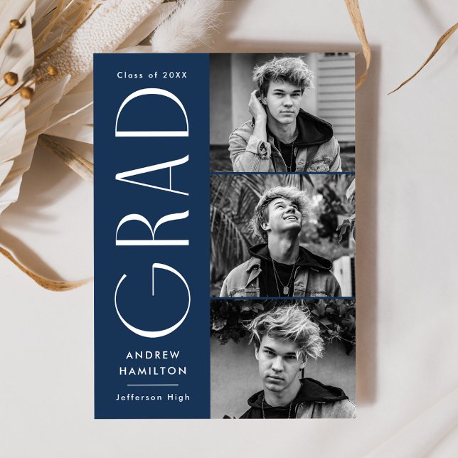 Modern Simplicity Navy 3 Photo Collage Graduation Announcement (Creator Uploaded)