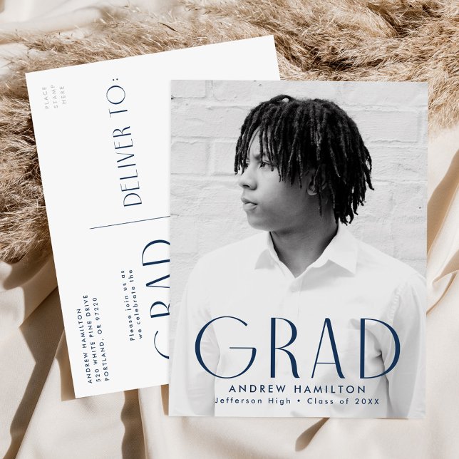 Modern Simplicity Navy Photo Graduation Party Invitation Postcard (Creator Uploaded)